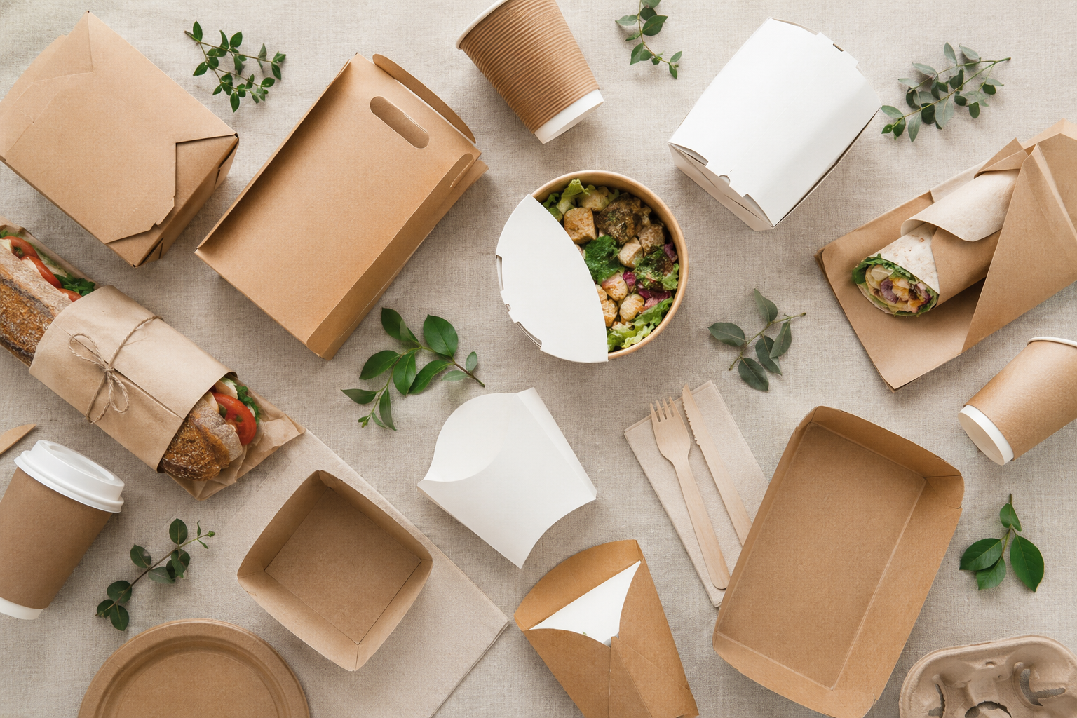Fiber-based sustainable foodservice packaging including takeout boxes and cups on natural linen background